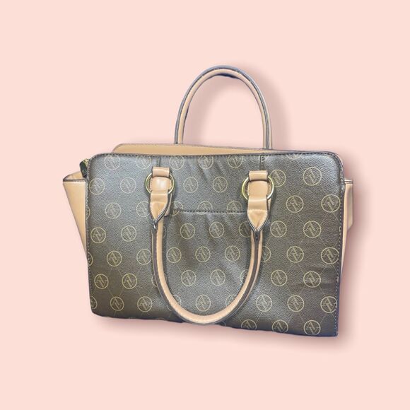 Adrienne Vittadini Signature Satchel Brown Beige Leather - Picture 2 of 3